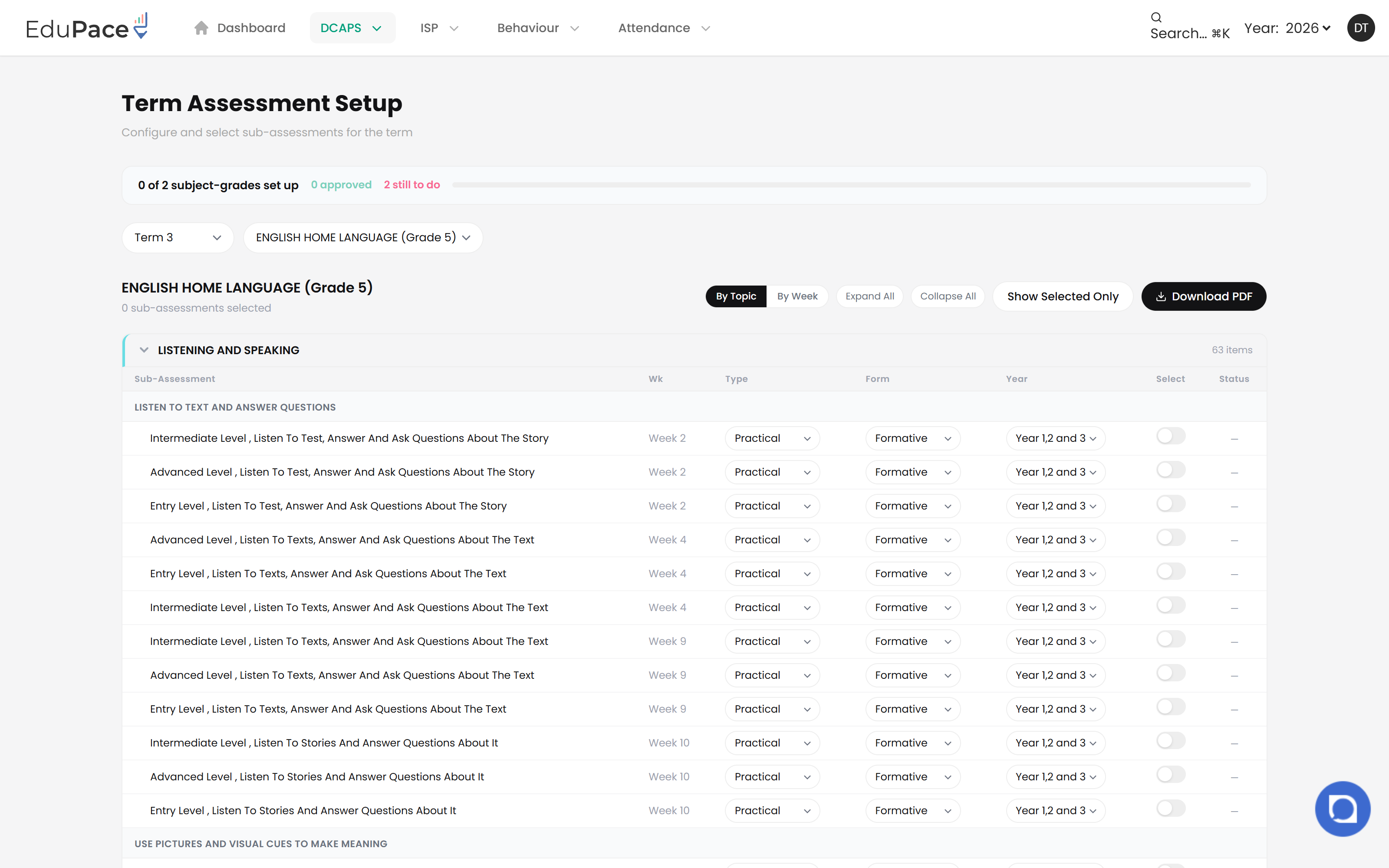 Term Assessment Setup with sub-assessment selection per topic, week, type and form